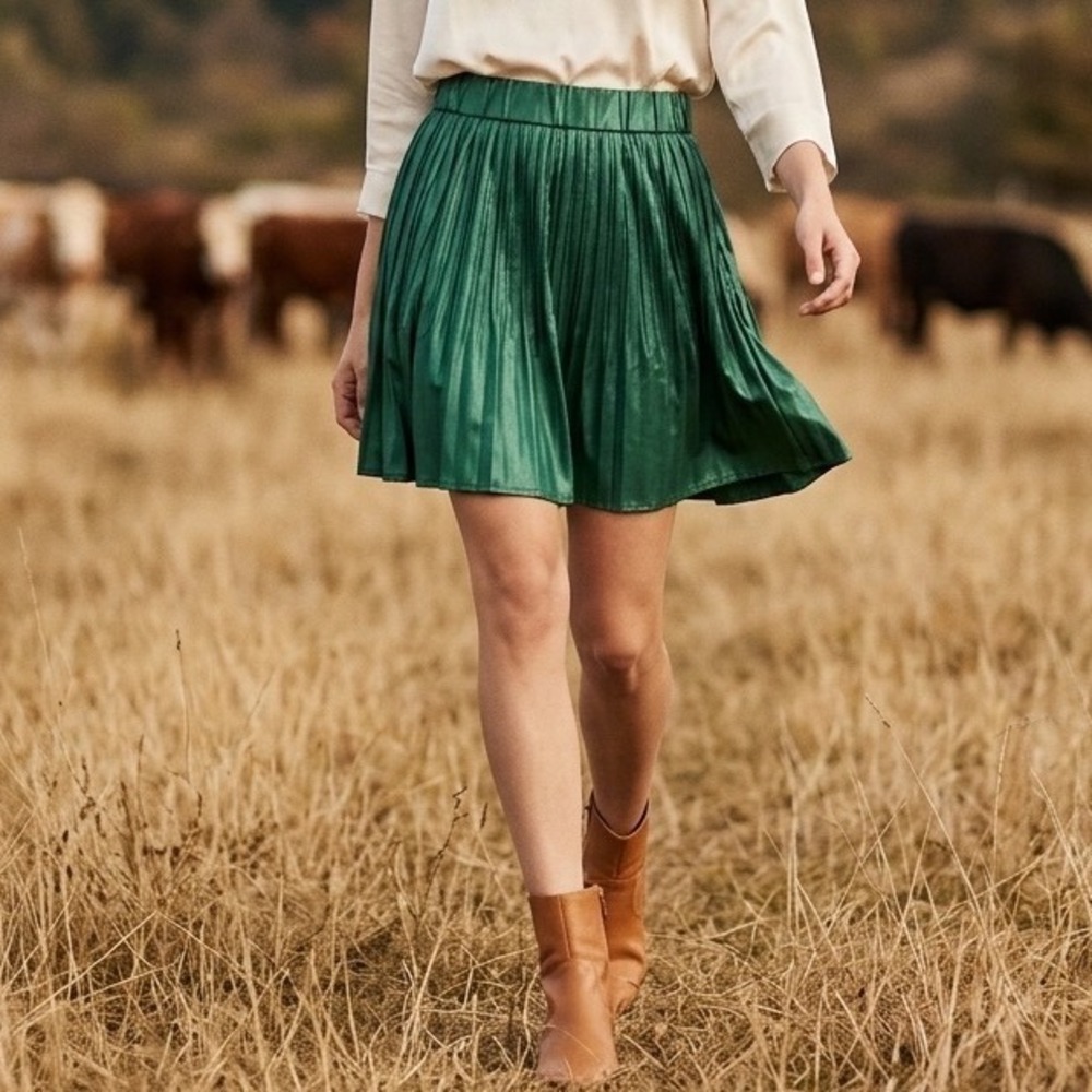 L Love Forest Green Pleated Mini Skirt Elastic Waist Size L Faux Leather Look